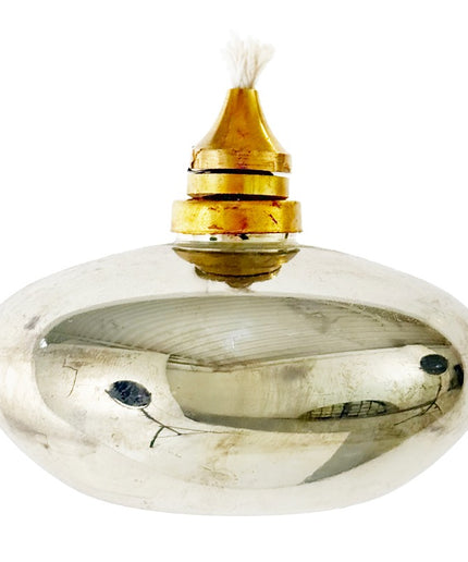 Glas olielampe i fattigmandssølv 10 cm Glass oval oil lamp silver shiny 10cm d10cm;h9cm