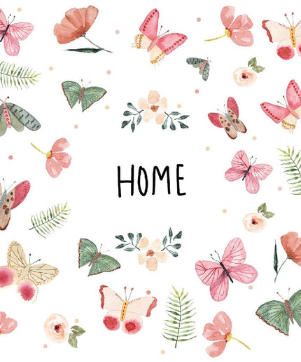Papirsservietter med teksten Home, sommerfugle og blomstermotiv