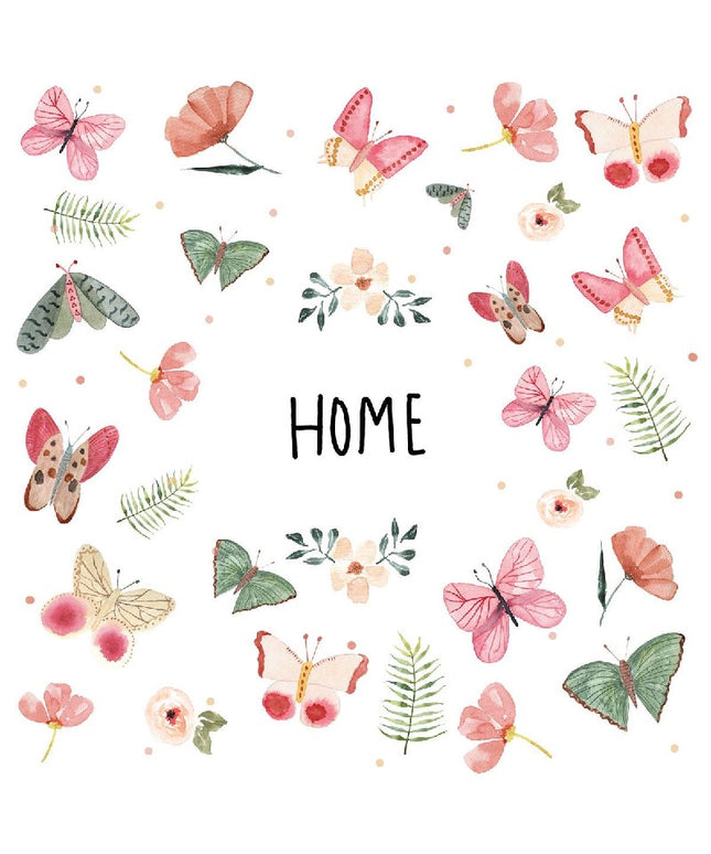 Papirsservietter med teksten Home, sommerfugle og blomstermotiv
