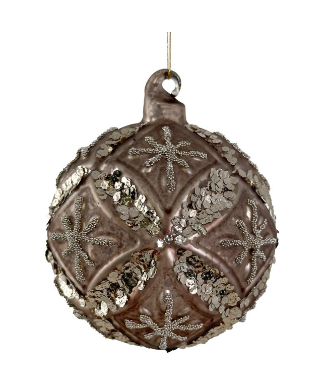 Glaskugle i antik mat grå med palietter og glitter 8cm