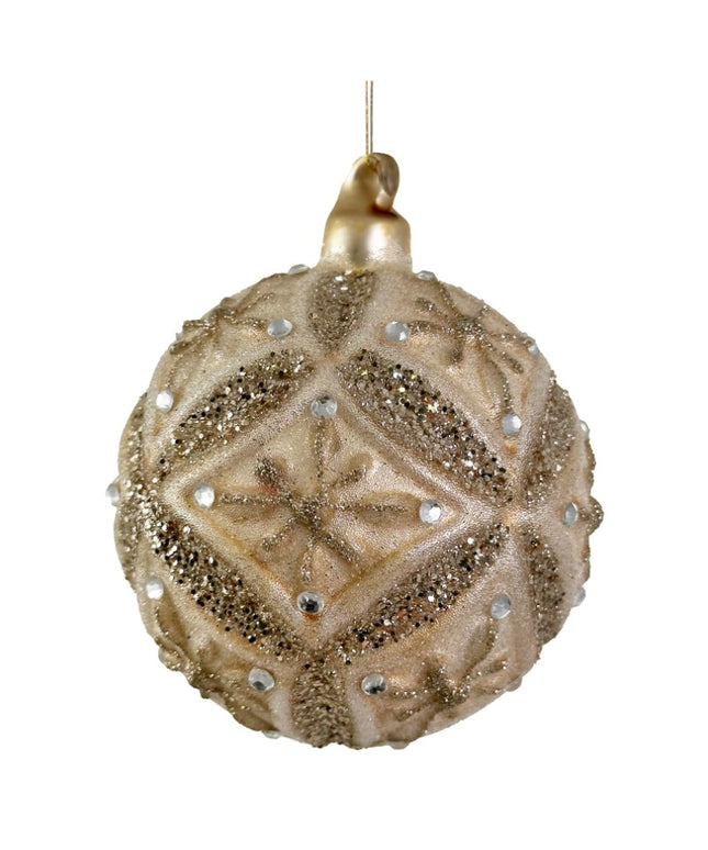 Glaskugle i beige m/champagne glitter 8 cm