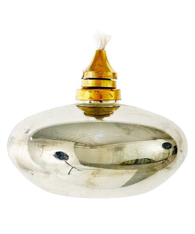 Glas olielampe i fattigmandssølv 10 cm Glass oval oil lamp silver shiny 10cm d10cm;h9cm