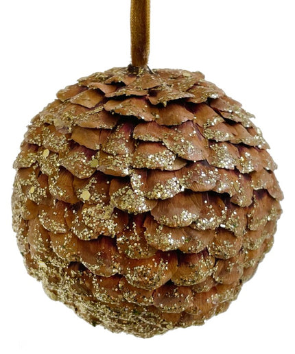 Julekugle med grankogle og guld glitter 10cm.