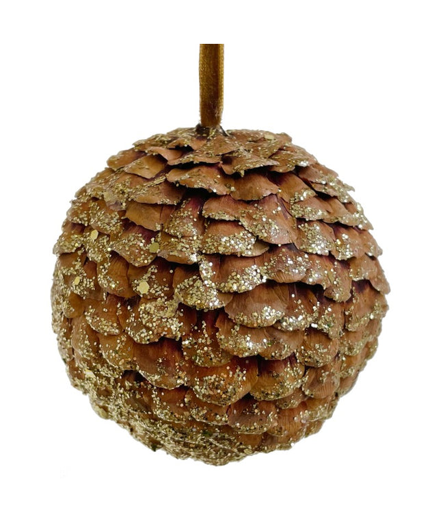 Julekugle med grankogle og guld glitter 10cm.